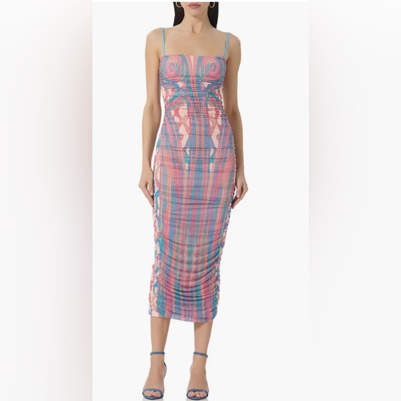AFRM Hazel Printed Ruched Mesh Midi Dress NWT - Picture 3 of 7